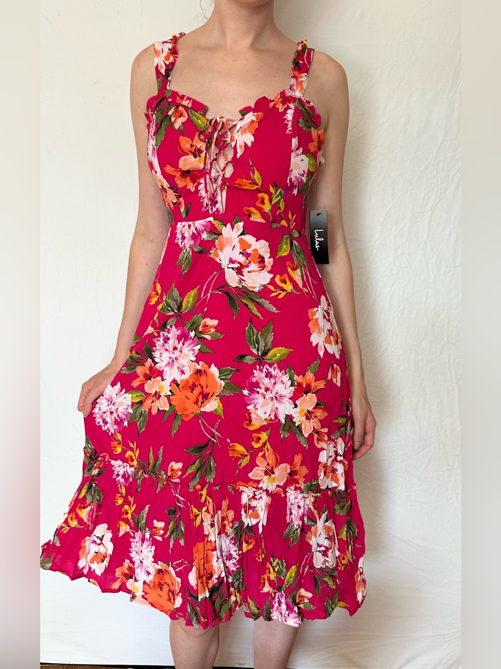 Lulu's Fuchsia Floral Tie-Front Ruffle Midi Dress